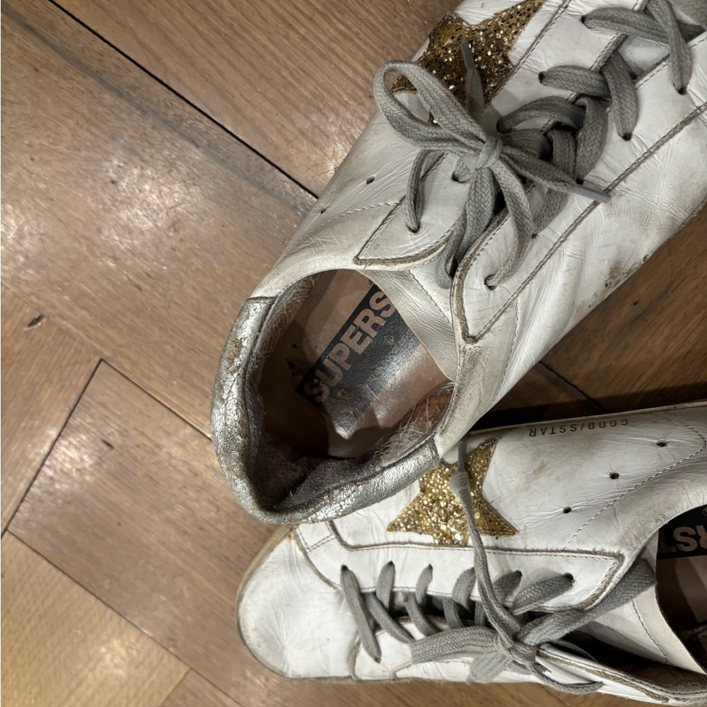 Golden Goose White Leather Sneakers with Gold Glitter Star - Women - Picture 6 of 6